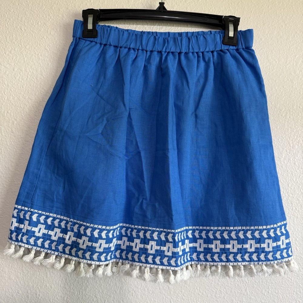 J. Crew Linen Skirt Womens XS Blue White Tassel Embroidered Trim Mini Lined Boho